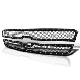 Spec-D Tuning Rivet Style Mesh Black Upper Main Grille Inserts 2Pc Compatible with 2003-2006 Chevy Silverado Avalanche