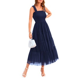 BTFBM Women's 2025 Summer Midi Dress Casual Sleeveless Square Neck Smocked Ruffle Tulle Party Wedding Guest Dresses(Navy, Small)