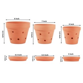 Yishang Terracotta Orchid Pots with Saucer&Holes,Clay Orchid Planter Pots for Repotting,Small Flower Plant Pots for Orchid Indoor or Outdoor Promotes Air Circulation,6 Inch & 7 Inch & 8 Inch,Set of 3