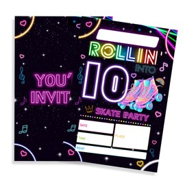 10th Birthday Invitations - Rolling Into 10 Skate Party - 20 Pcs Double Sided Ten Years And Roller Skates Invites With Envelopes For Boys Girls Teens Birthday Celebration,Party Favor And Supplies-A15