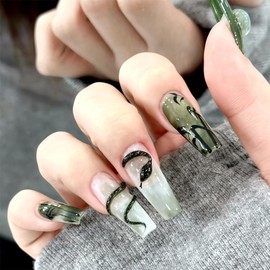 24Pcs Square Press on Nails Long Fake Nails 3D Snake Rhinestones Designs Glossy Glue on Nails Bamboo False Nails Dark Green Gradient Acrylic Nails Full Cover Spring Stick on Nails for Women Girls