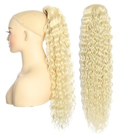 BALINGHAIR Deep Wave Ponytail Extension for Women 24 Inch 613# Curly Wavy Ponytail Hair Extensions Drawstring with Clips Short Synthetic Hairpiece for Daily and Party