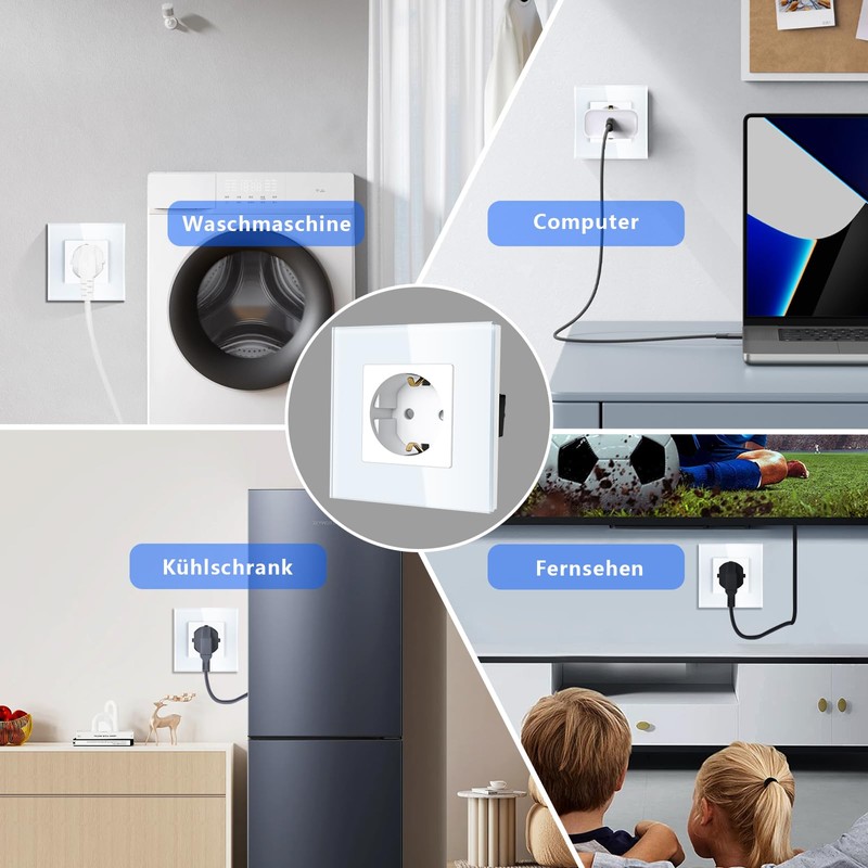 TAWOIA Schuko Socket Flush-Mounted, EU Standard 1-Way Socket Glass, Single