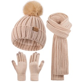 Winter Beanie Hat Scarf Gloves Set for Women Fleece Lined PomPom Hat with Long Knit Scarf, Neck Warmer Touchscreen Gloves