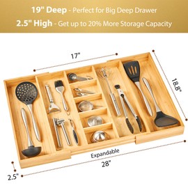 Umilife Extra Large Expandable Kitchen Drawer Organizer for Utensil and Junk, 19" Deep for Big Drawer, 17" to 28" Adjustable Bamboo Wood Drawer Divider, Cutlery Tray, Flatware Holder