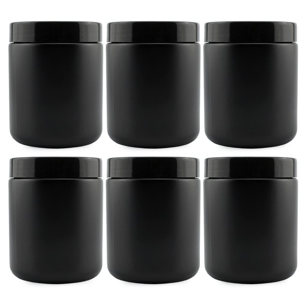 Cornucopia 8oz Black Coated Glass Jars (6-Pack); Cosmetic Jars with Black Plastic Lids and Black Matte Exterior, 8-Ounce / 9-ounce Capacity