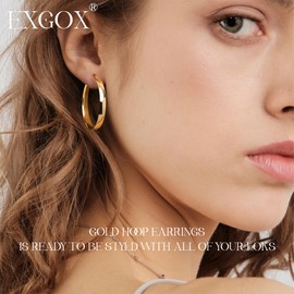 EXGOX Hoop Earrings 925 Silver for Women 5 mm Wide Hoop Earrings Silver 925 Large Hypoallergenic 14K Gold-Plated Earrings Gold Hoop Earrings for Women 30/40/50/60/70 mm, Sterling Silver, No Gemstone