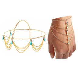 HUUiWAA 2 Pack Turquoise Headband Gold Layered Tassel Head Chain Finger Ring Bracelet Gypsy Hair Chain Festival Wedding Headpieces Decorative Headdress
