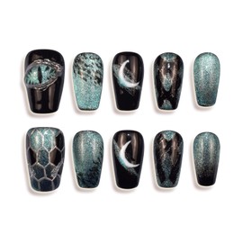 Handmade Nails Press on Short Coffin Gradient Blue Black Cat Eye Fake Nail Tip Dream Moon Design Artificial False Nails for Women 10 Pcs, Size M