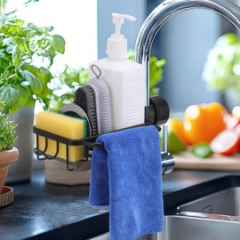 Huiguli Kitchen Sink Organiser Over Faucet, Sink Organiser with Removable Drip Tray, Aluminium Kitchen Sink Caddy Organiser with Hooks for Cloths, Brushes, Sponge and Soap, Black