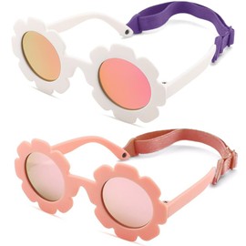 2PCS Baby Sunglasses, Flower Polarized Infant Sunglasses with Adjustable Strap for Newborn Infant Boys Girls Age 0-24 Months (White+Pink)