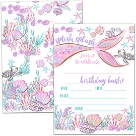 Nopoben Birthday Party Invitation Cards, Mermaid Party Celebration, Splish Splash Ocean Themed，Party Supplies, Favors, 20 Cards With 20 Envelopes – (meiRY02)