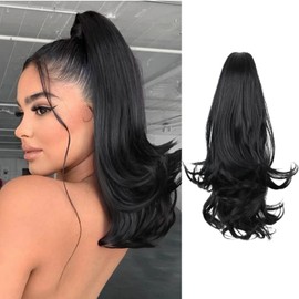 Ponytail Extension 16 Inch Claw Clip Pony Tails Hair Extensions Soft Natural Looking Synthetic Clip in Ponytail Black Ponytail Extension for Women