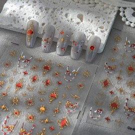Gold Nail Art Stickers Necklace 5D Embossed Nail Stickers Decals Gold Sun Nail Stickers for Nail Art with Star Moon Design Self-Adhesive Acrylic Nails Supplies for Women Manicure Decorations