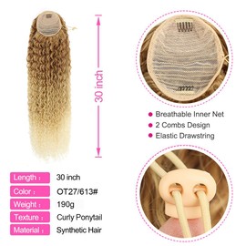 Drawstring Ponytail Extension, 30 inch Long Curly Ponytail Hair Extension Synthetic Hairpiece for Women(OT27/613#, 30 inch)