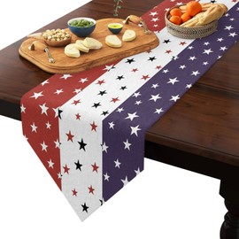 4th of July Linen Burlap Table Runner Star Dresser Scarves, Patriotic American Flag Independence Day Table Runners for Dinner Holiday Party,Memorial Events,Kitchen Decor Red White Blue Stars 13x72In