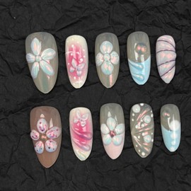 Almond Press on Nails Medium French Tip Fake Nails 3D Floral False Nail with Butterfly Flower Designs Handmade Nails Chrome Acrylic Glossy Glue on Nail for Women Girls 30Pcs