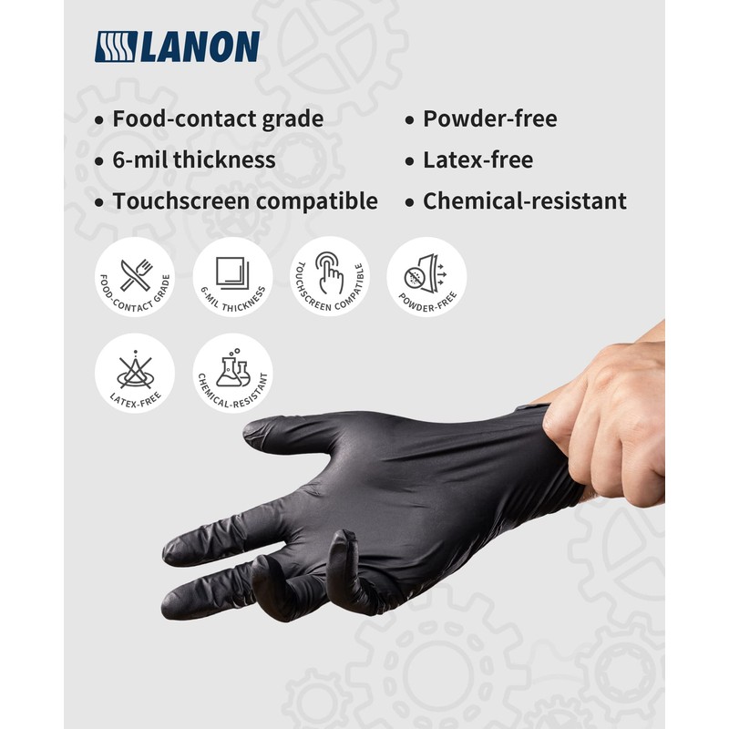 LANON 6-mil Black Nitrile Disposable Gloves, Food-Safe, Powder-Free, Heavy-Duty, Textured