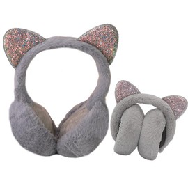 Foldable Kids Plush Winter Earmuffs Cat Ears Inspired Girls Faux Fur Ear Warmer Boys Soft Cushioned Warm Ear Muffs Fleece Earflaps Cold Weather Ears Protector Kids Ski Snow Ear Covers Xmas Gift