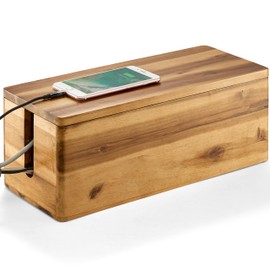 TIDITA Acacia Wood Cable Management Box Round Edge - 16" L Wooden Cable Organizer Box for Electrical Hiding Cord Management - Power Strip Hider Cable Storage Box for Office, Router Wires, Under Desk