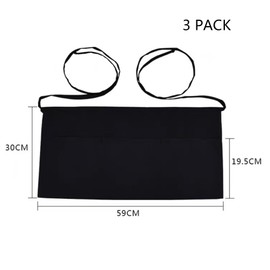 BYERUITE 3 Pack Server Aprons with 3 Pockets, Black Waiter Waist Short Apron