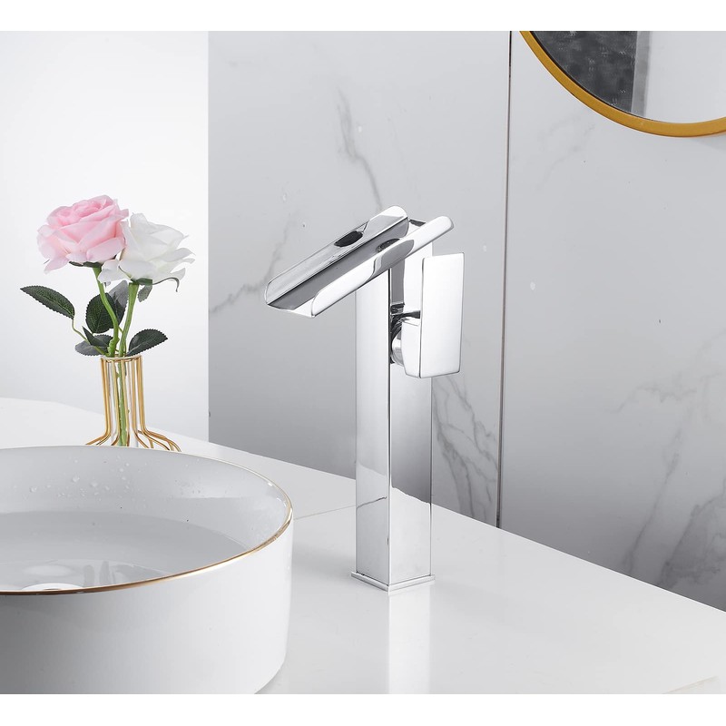Chrome Bathroom Faucet LED 3 Color Changing Light Waterfall Vessel