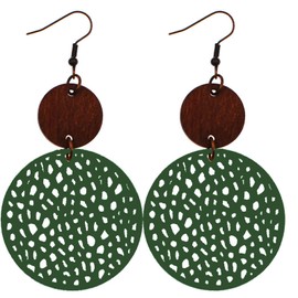 Handmade Bohemian Wooden Round Geometric Earrings Lightweight Circle Teardrop Wooden Leather Vintage Earrings Retro Hollow Out Circle Earrings for Women (Green Round)