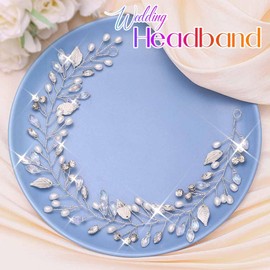 Catery Pearl Bridal Headband Silver Rhinestone Hair Vine Headpiece Wedding Hair Accessories for Brides