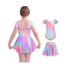 MdnMd Ballet Leotardss for Girls Skirt Combo Dance Dresses Toddler Outfit Ballerina Removable Rainbow Star with Short Sleeve(Rainbow-Star, 10-12 Years)