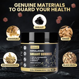 Grevol Pure Himalayan Shilajit Gummies with Ashwagandha - Fulvic Acid & 85+ Trace Minerals - No Added Sugar - Shilajit for Men & Women - 60 Gummy