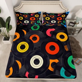 Homewish - Juego de sábanas con temática musical multicolor con diseño de discos de vinilo con bolsillo profundo, funda de colcha de microfibra suave de poliéster (1 sábana bajera + 2 fundas de