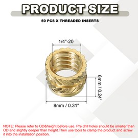 PATIKIL Threaded Inserts 1/4"-20x6x8mm, 50 Pcs Brass Heat Set Insert Female Threaded Inserts Knurled Nuts Embedment Nut for Plastic and 3D Printing Components, Gold