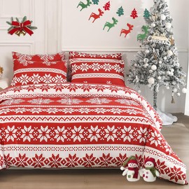 DXHOME Christmas Bed Linen Set 135 x 200 cm Red Winter Motif Snowflakes Soft Microfibre Teenager for Girls Boys Gifts for Children Duvet Cover with Zip + 1 Pillowcase 80 x 80 cm