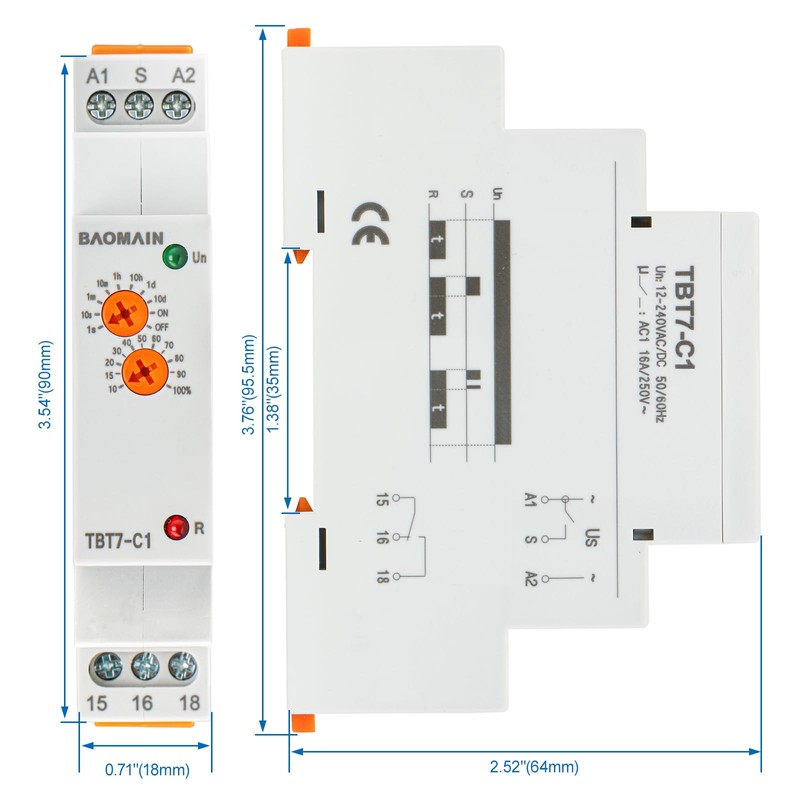 Baomain Multi-Function Time Relay, 16A Delay OFF SPDT, DIN Rail