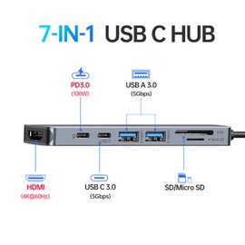USB C Hub HDMI Adapter for MacBook Pro/Air, 7 in 1 USBC Dongle with HDMI, SD/TF Card Reader, USB C Data Port,100W PD, and 2 USB 3.0 Compatible for MacBook Pro/Air, Dell XPS, Lenovo Thinkpad.