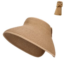 Sun Visors for Women Wide Brim Beach Hat Foldable Straw Visor Hat Ponytail Summer Packable Khaki
