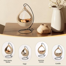 Belsea Palo Santo Holder, Modern Hanging Basket Palo Santo Burner, Handmade Ceramic Iron Frame Smudge Bowl for Sage, Incense Cones, Candles, Ash Catcher for Meditation, Yoga, Spa, Home Decor (Round)