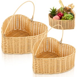 Qinyoung 2 Pcs Heart Wicker Picnic Basket with Handle Medium and Small Heart Shaped Baskets Hand Woven Rattan Empty Basket for Camping Outdoor Party Couple Birthday Wedding Valentine Gift