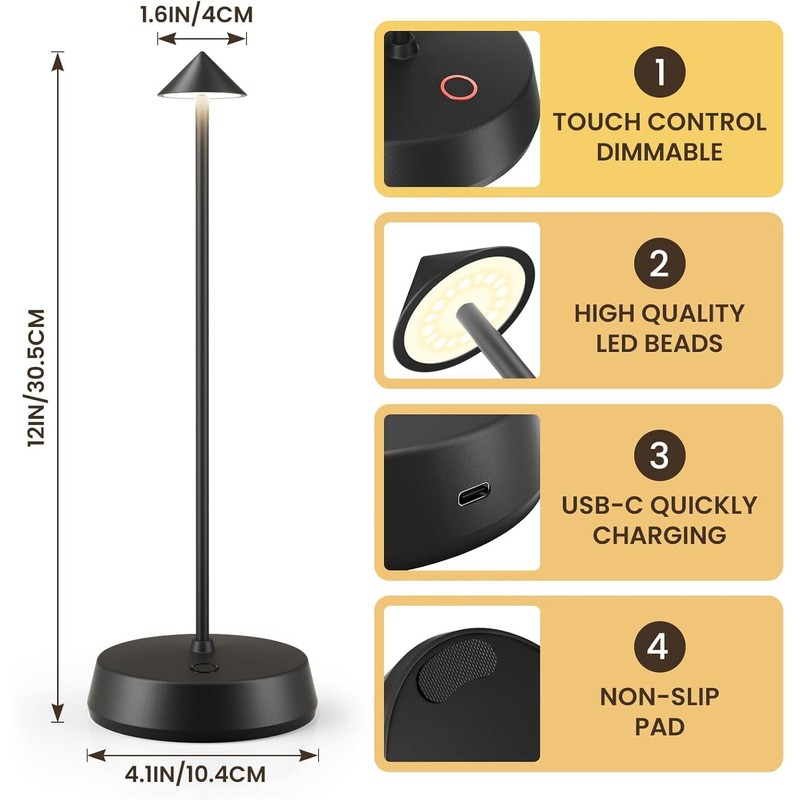 Cordless Table Lamp Rechargeable LED Battery Operated 6000mAh Touch Dimmable
