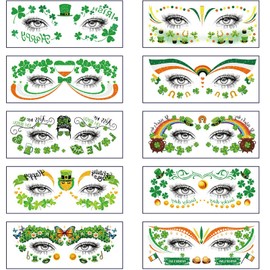10PCS Saint Patrick's Day Temporary Face Tattoos Sticker St Patrick's Day Green Shamrock Temporary Tattoos Butterfly Makeup Tattoo Stickers Irish Clover Hat Heart Fake Tattoos for Party Supplies