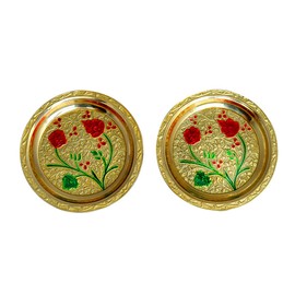 Set of 2 Thali Small Decorative Brass Minakari work Plate, Decorative Indian Roli chawal Prasad Plate Katori for Pooja Utensils for Indian Traditional New year Decoration Puja Item (Size:- 5")