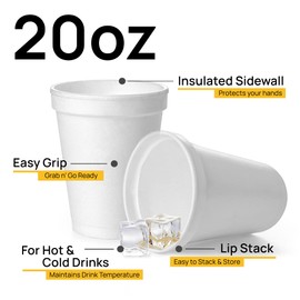 20 Oz Disposable Foam Cups (50 Pack), White Foam Insulates Hot & Cold Beverages, Made in the USA, To-Go Cups - for Coffee, Tea, Hot Cocoa, Soup, Broth, Smoothie, Soda, Juice