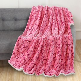 Elegant Comfort Luxury Valentine’s Day Sherpa Throw Blanket Ultra-Soft Cozy Velvet Pink Hearts Fleece Throw - Micromink Sherpa for Her, Wife, Girlfriend, Sherpa Reversible Blanket- Amara