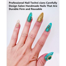 CAMILCY Press on Nails Handmade Nails Luxury Reusable Fake Nails For Girls Short Almond armor Golden Green Diamonds HandPainted Salon Loveful Design Acrylic GelUV Finished 3D Nails 10PCS (A014, S)