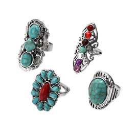 Kysin Chiys 4 Pcs Bohemian Vintage Turquoise Oval Flower Rings for Women Geometric Ethnic Natural Stone Adjustable Silver Joint Knuckle Rings Western Cowgirl Statement Jewelry - Silver