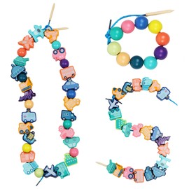 TRUEIN 32 Pieces Montessori Wooden Toy Threading Game, Wooden Beads for Threading Children from 2 3 4 5, Threading Game Educational Wood, Vehicles Beads Threading Game Toy for Children Gifts