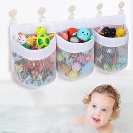 saerryor Large Bath Toy Storage Net Bag with 3 Compartment Large Openings 60cm Mesh Baby Bath Hanging Organiser Bag with 5 Sticky Hooks Quick Dry Bath Toy Net for Bathtub Toy Storages Classification