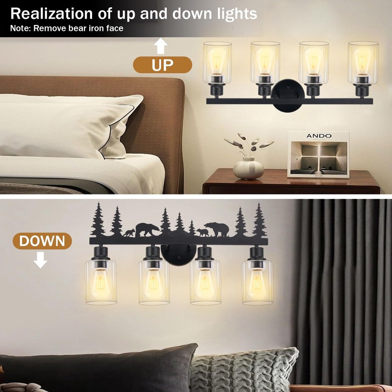 Monyohame Farmhouse Rustic Bear Bathroom Light Fixtures, 4-Light Black Vanity