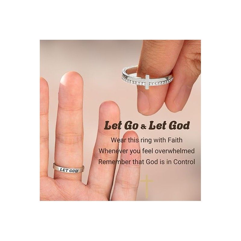 HOLINSE Cross Ring for Women, Engrave Let Go & Let