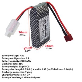 Fytoo 2PCS 7.4V 2000mAh T-Type Plug Lithium Battery for 9200 9200E 200E 9202E 9203E 9204E 9205E 9206E 2995 YC300 HM101 HB101 25-DJ02 9125 S920 S921 WLtoys RC Car Remote Control Boat Drone